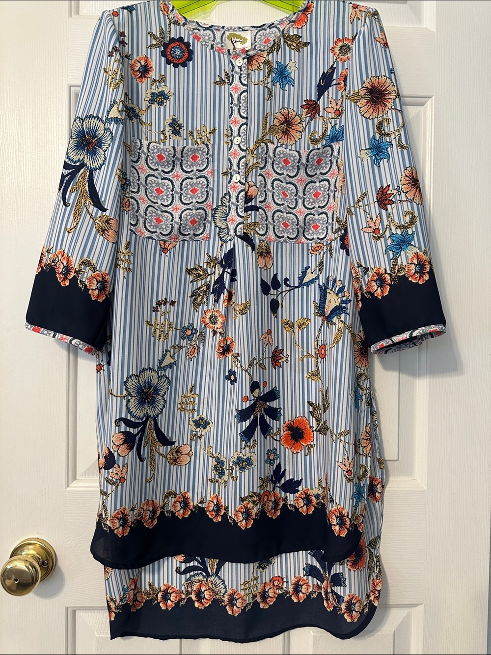 fig and flower Striped Tunic with Navy, Coral & Light Blue Floral Print